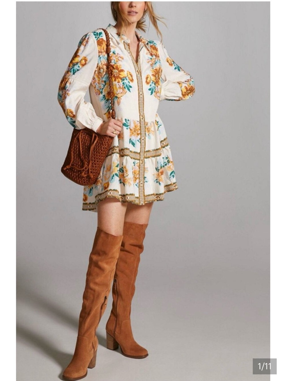 Anthropologie Boho Floral Tiered Mini Shirtdress
